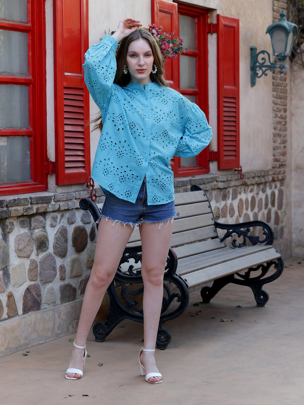 Turquoise-Cotton-Schiffli-Embroidered-Casual-Shirt