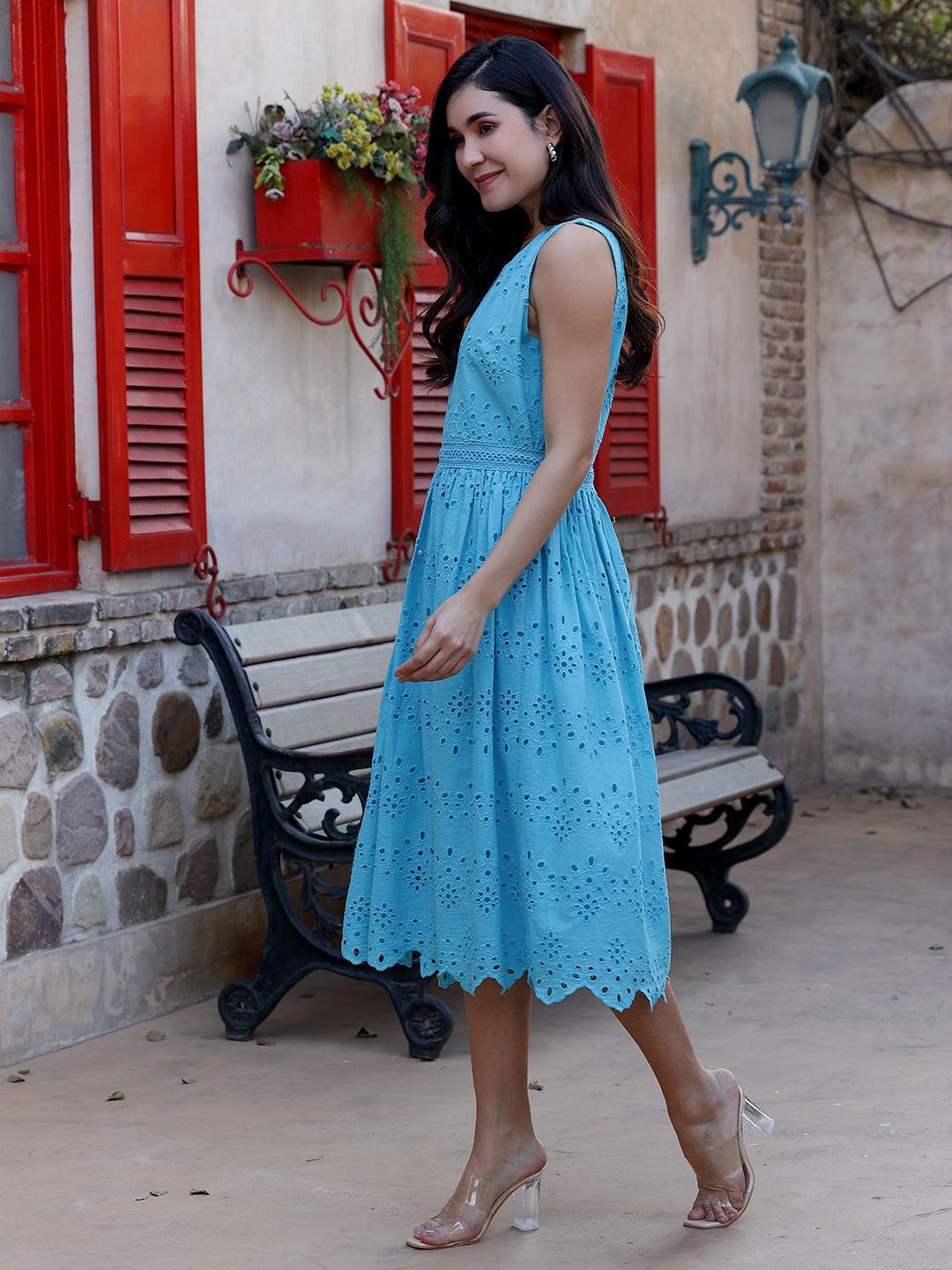 Turquoise-Cotton-Schiffli-Embroidered-Midi-Dress