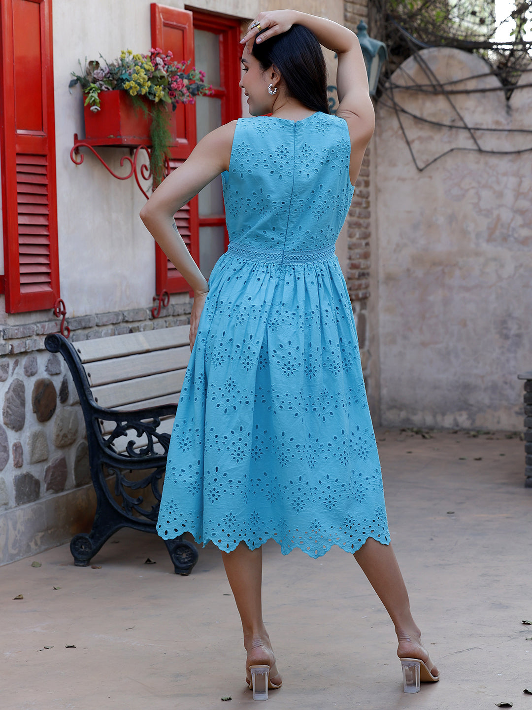 Turquoise-Cotton-Schiffli-Embroidered-Midi-Dress