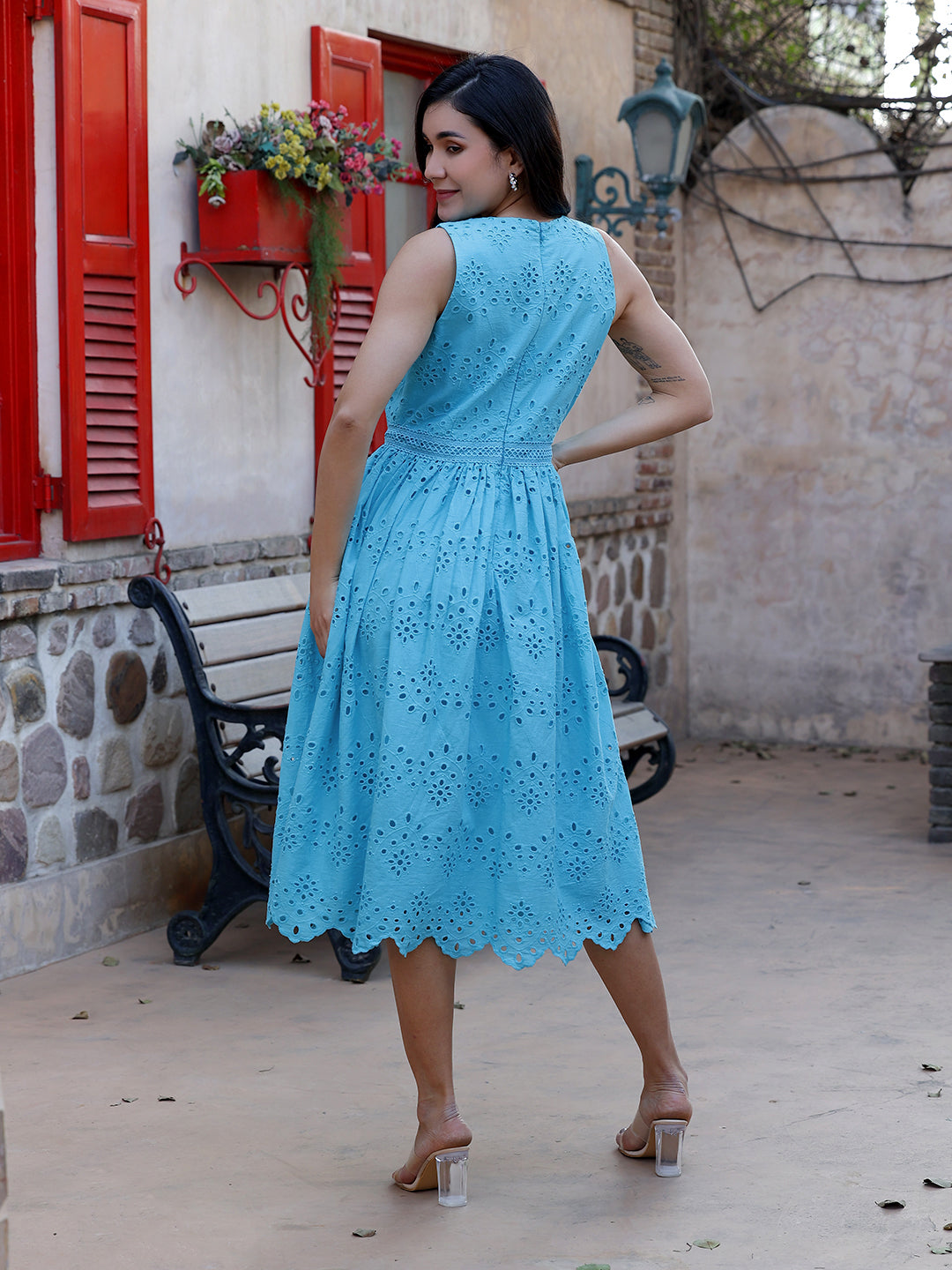Turquoise-Cotton-Schiffli-Embroidered-Midi-Dress