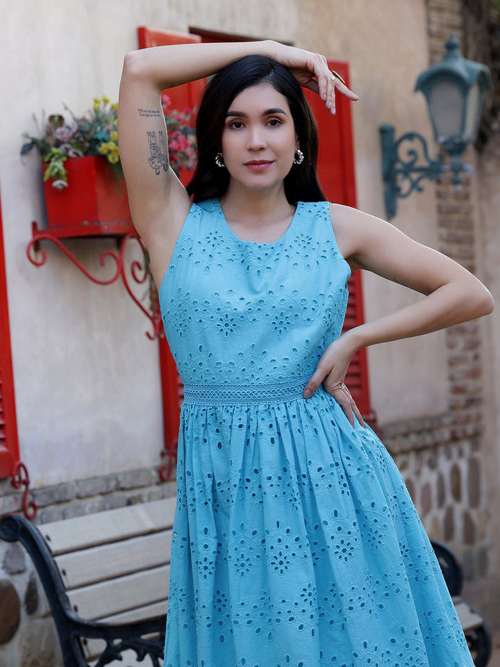 Turquoise-Cotton-Schiffli-Embroidered-Midi-Dress