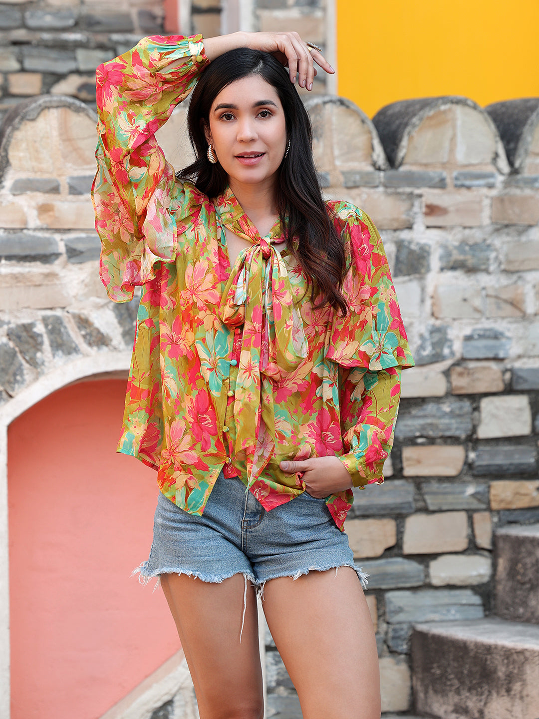 Multicolor-Chiffon-Floral-Print-Tie-Up-Neck-Top