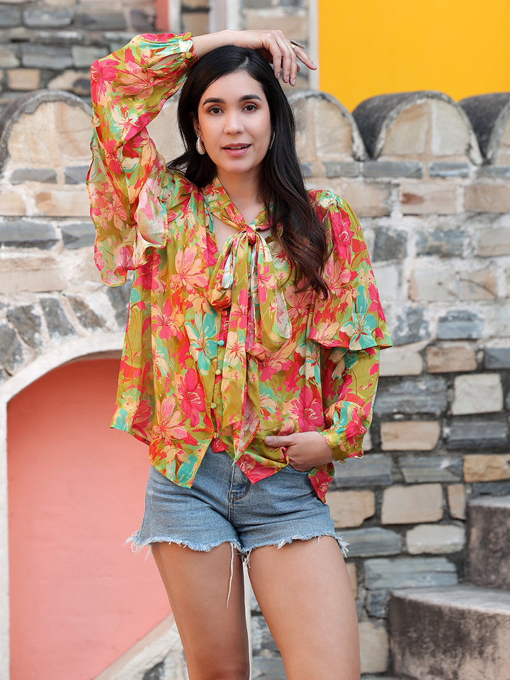 Multicolor-Chiffon-Floral-Print-Tie-Up-Neck-Top
