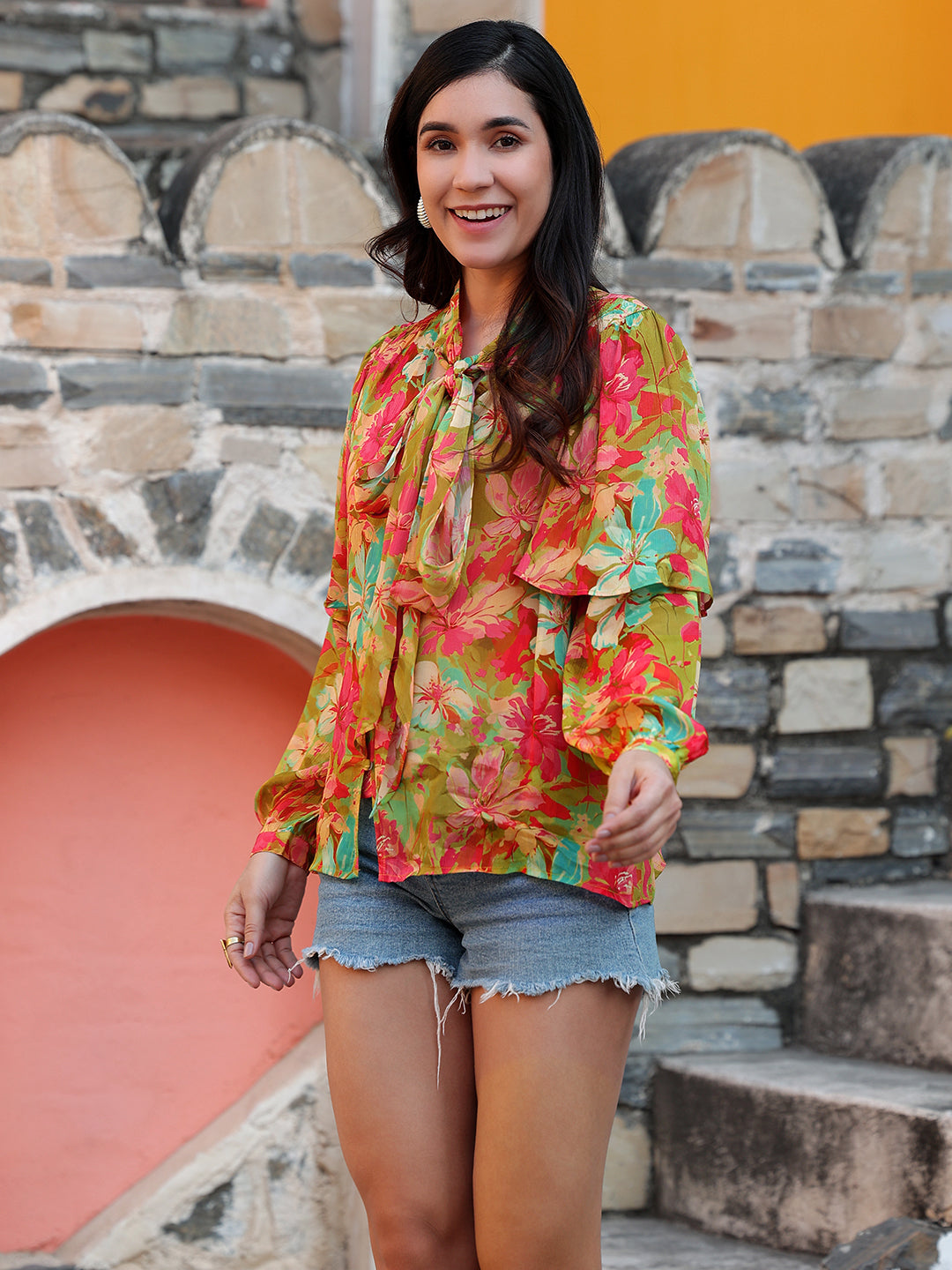 Multicolor-Chiffon-Floral-Print-Tie-Up-Neck-Top