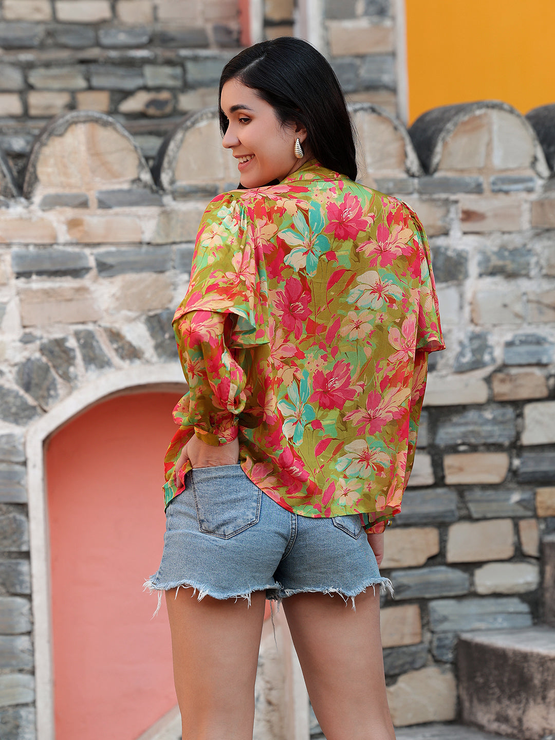 Multicolor-Chiffon-Floral-Print-Tie-Up-Neck-Top
