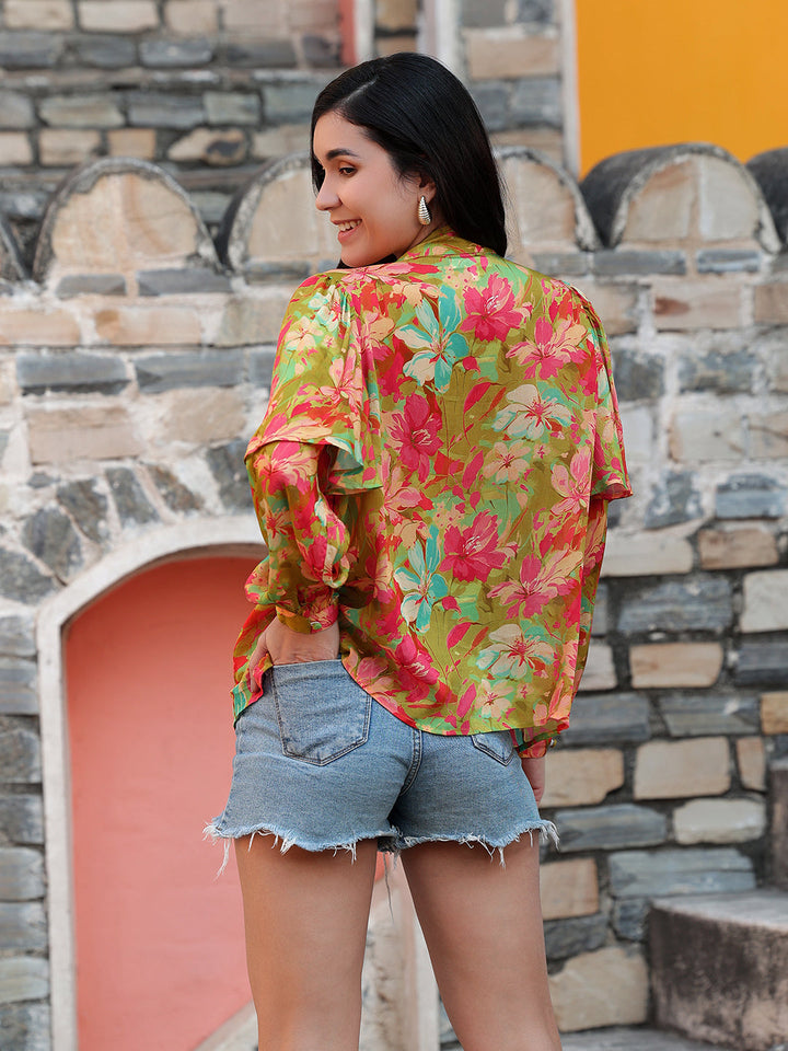 Multicolor-Chiffon-Floral-Print-Tie-Up-Neck-Top