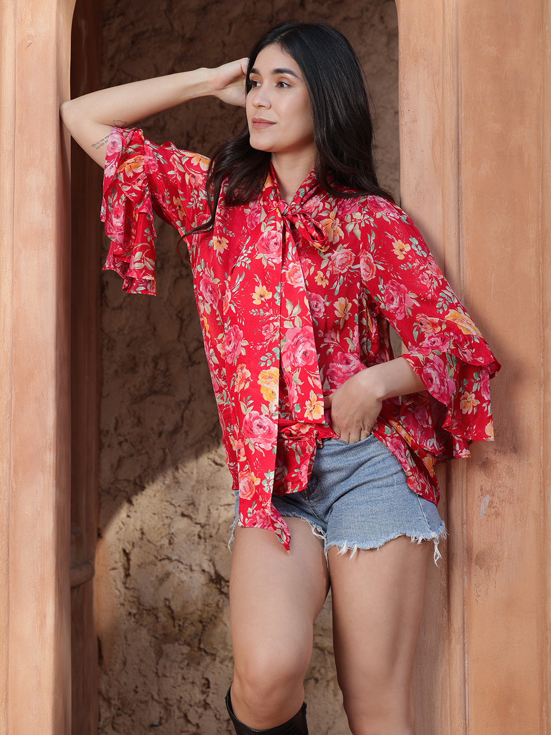 Red-Viscose-Bell-Sleeve-Tie-Knot-Top