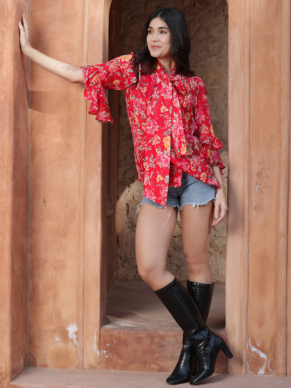 Red-Viscose-Bell-Sleeve-Tie-Knot-Top