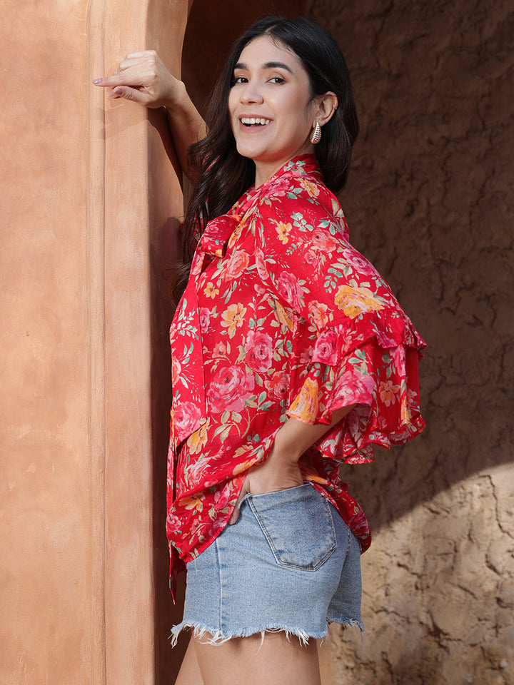 Red-Viscose-Bell-Sleeve-Tie-Knot-Top