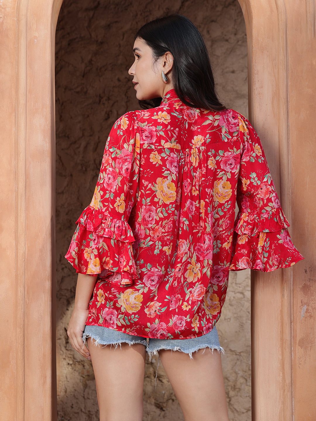 Red-Viscose-Bell-Sleeve-Tie-Knot-Top