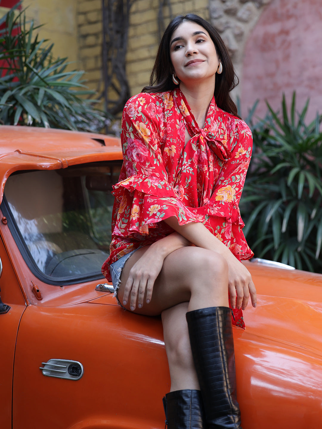 Red-Viscose-Bell-Sleeve-Tie-Knot-Top