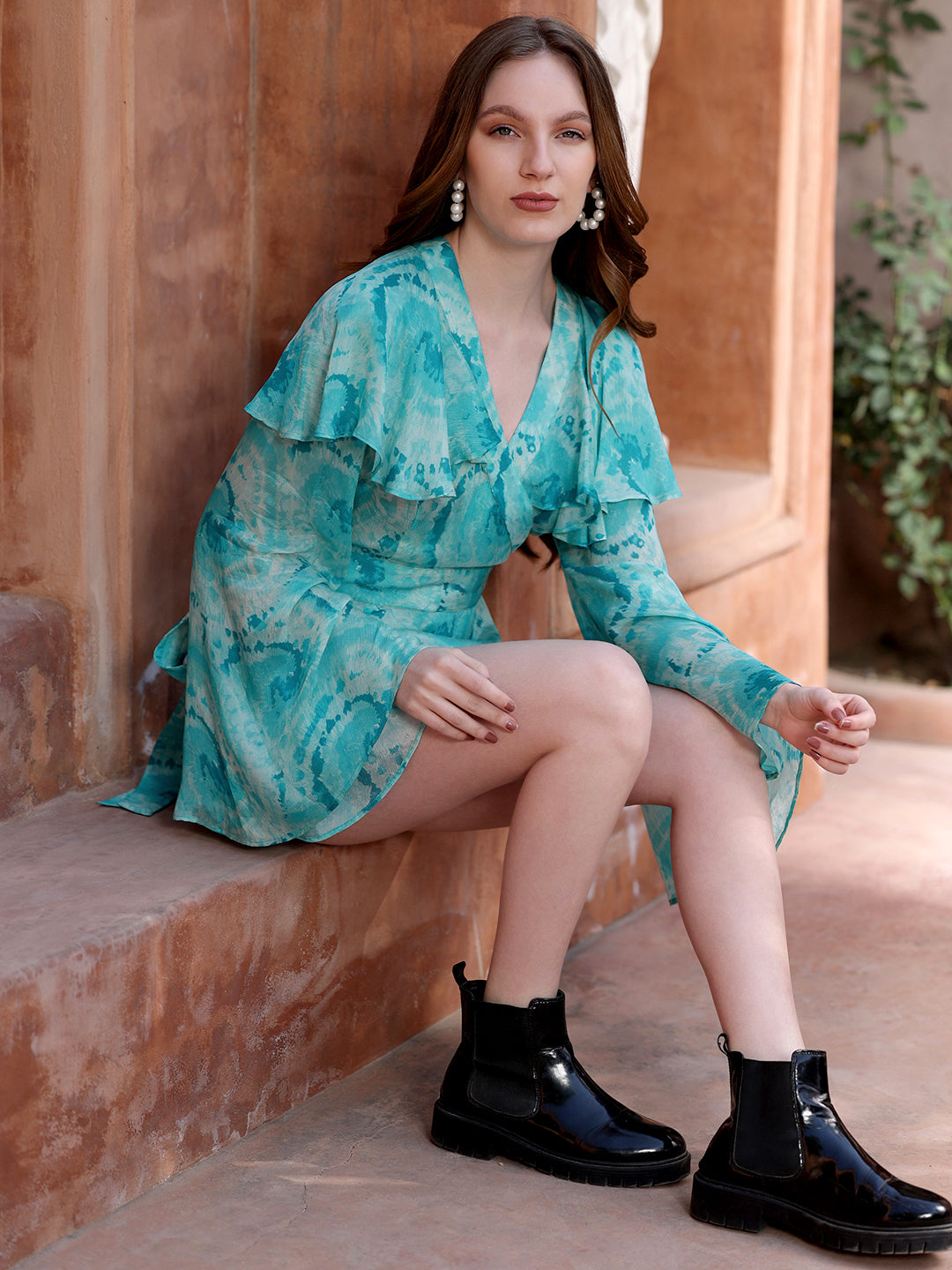 Turquoise-Blue--Wrap-Flared-Sleeve-Top