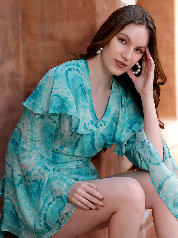 Turquoise-Blue--Wrap-Flared-Sleeve-Top