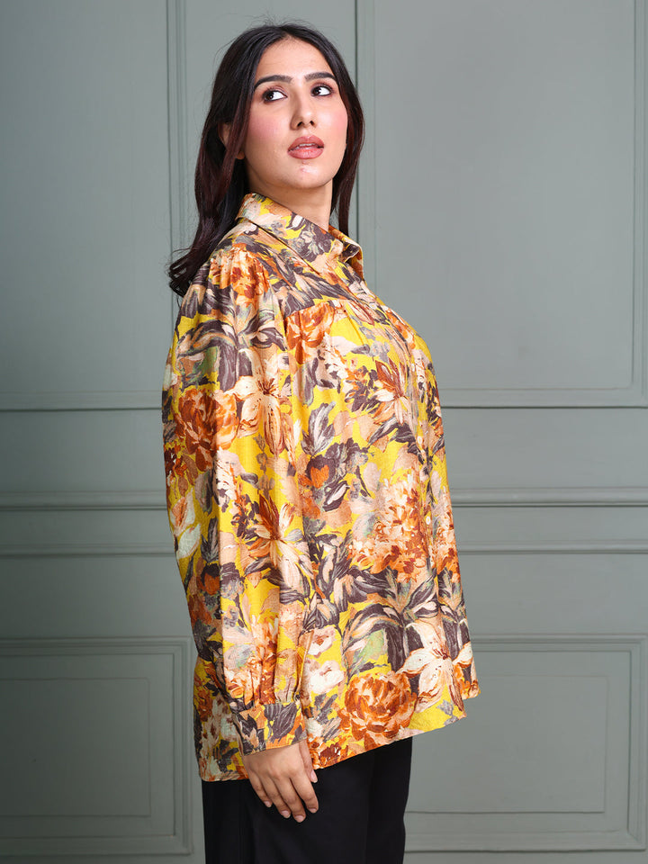 Mustard-Viscose-Floral-Printed-Shirt-Collor-Top