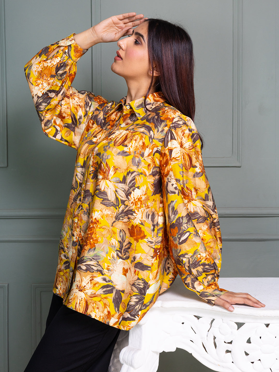 Mustard-Viscose-Floral-Printed-Shirt-Collor-Top