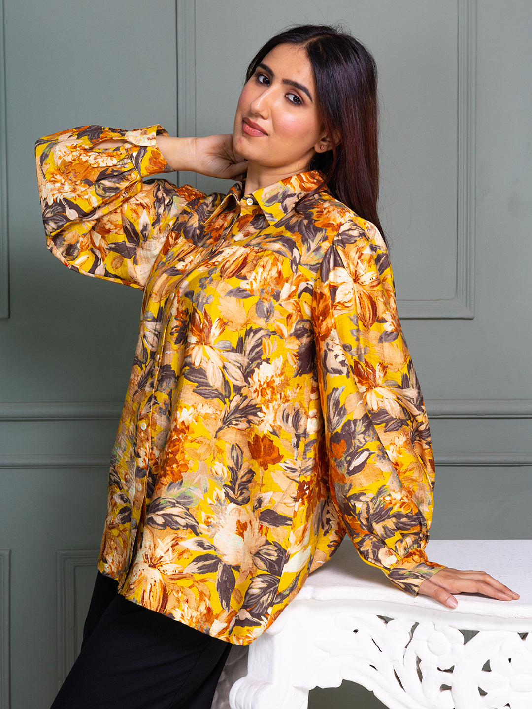 Mustard-Viscose-Floral-Printed-Shirt-Collor-Top