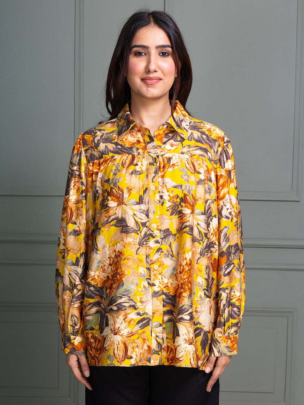 Mustard-Viscose-Floral-Printed-Shirt-Collor-Top