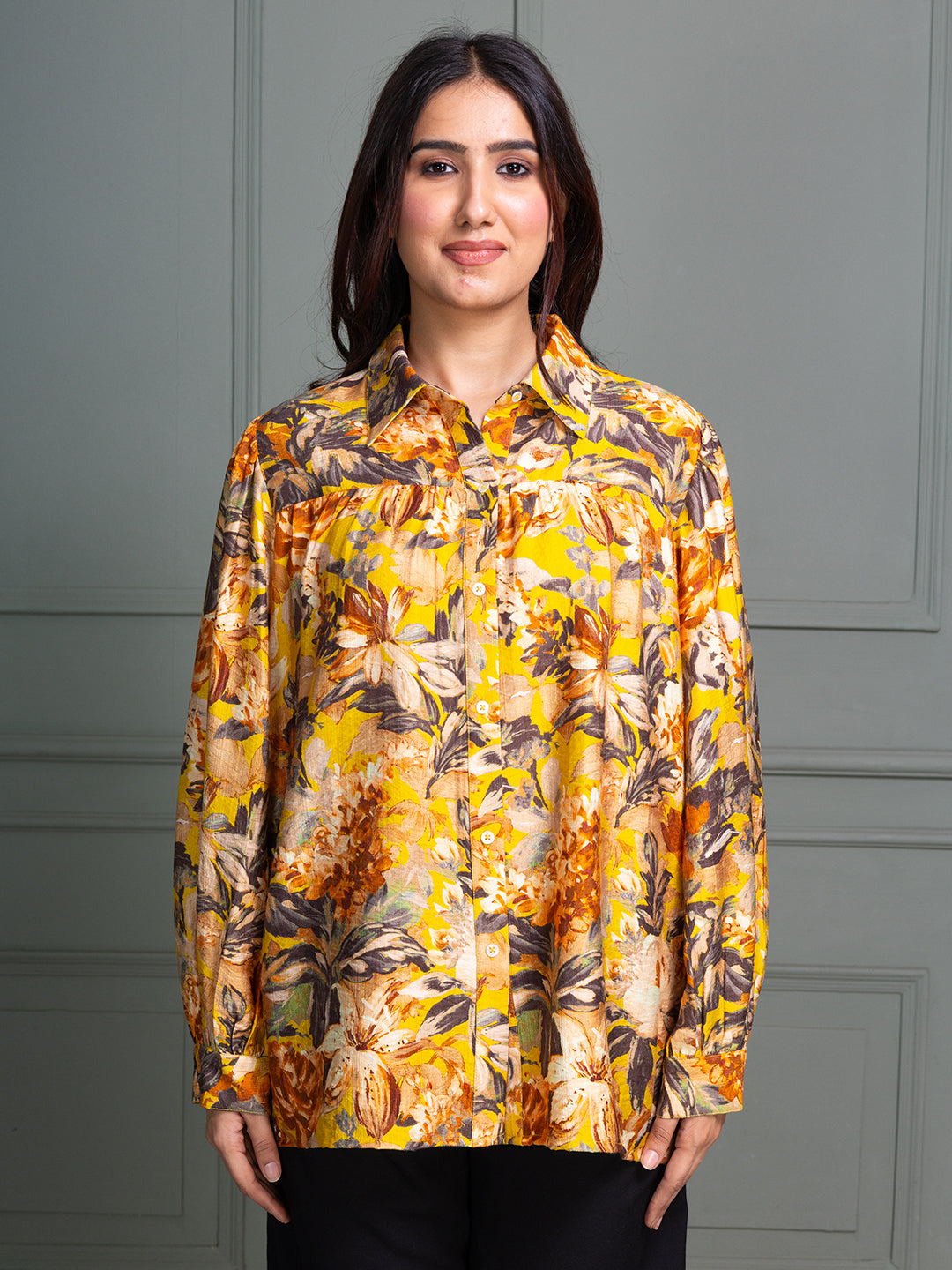 Mustard-Viscose-Floral-Printed-Shirt-Collor-Top