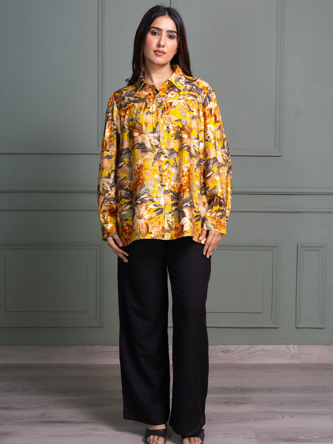 Mustard-Viscose-Floral-Printed-Shirt-Collor-Top