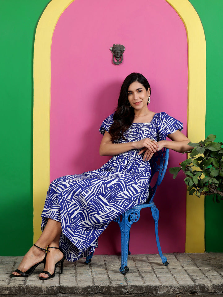 Blue-Lycra-Ballon-Sleeve-Maxi-Dress
