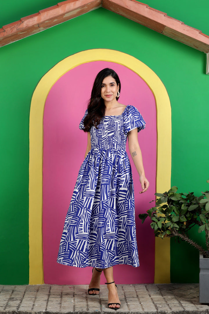 Blue-Lycra-Ballon-Sleeve-Maxi-Dress