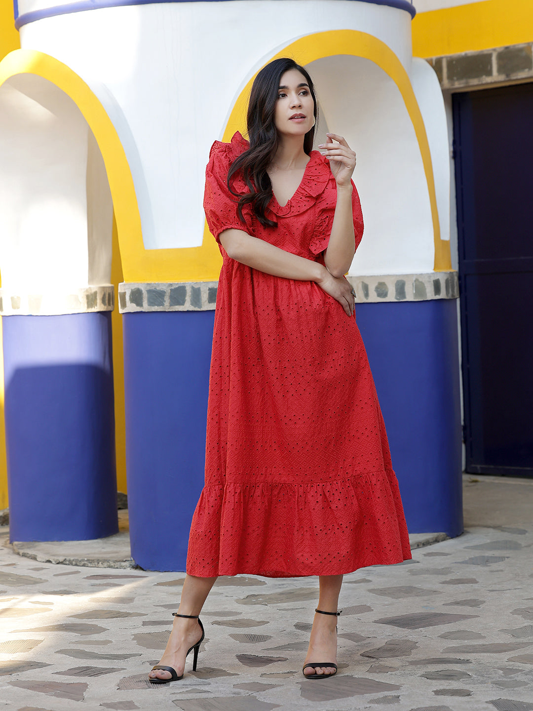 Red-Cotton-Embroidered-Schiffli-Midi-Dress