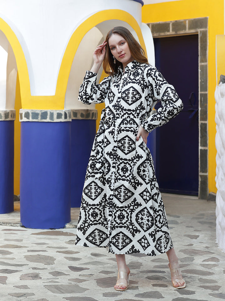 White-&-Black-Cotton-Midi-Dress-With-Belt