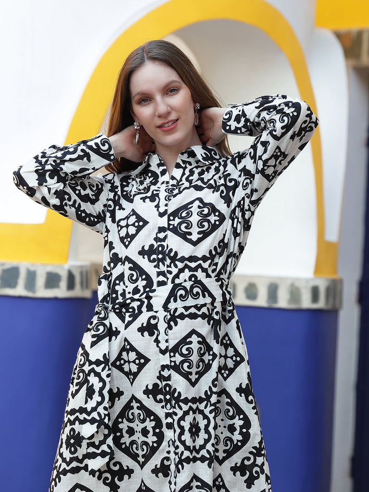 White-&-Black-Cotton-Midi-Dress-With-Belt
