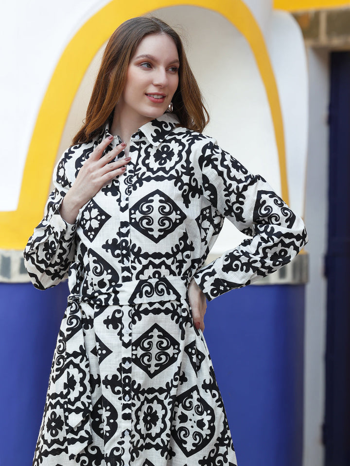 White-&-Black-Cotton-Midi-Dress-With-Belt