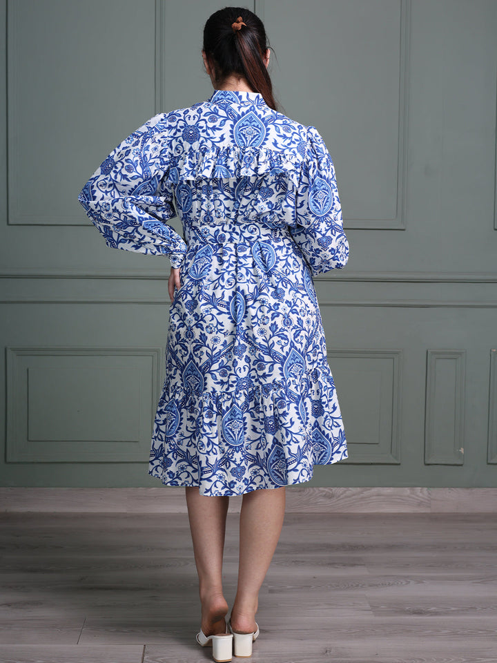 Blue-Cotton-Floral-Paisley-Print-Midi-Dress