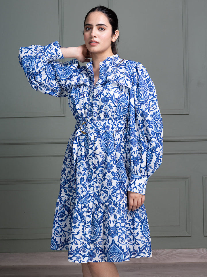 Blue-Cotton-Floral-Paisley-Print-Midi-Dress