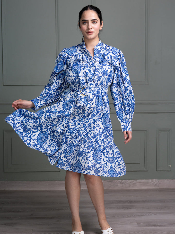Blue-Cotton-Floral-Paisley-Print-Midi-Dress