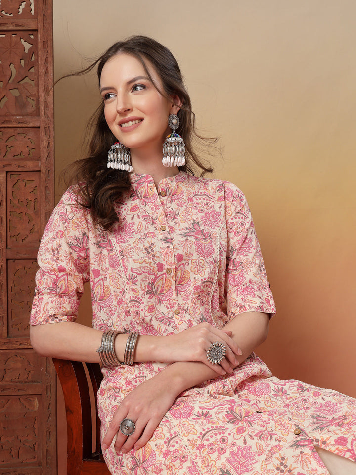 Pink Floral Printed Rayon A-Line Kurta