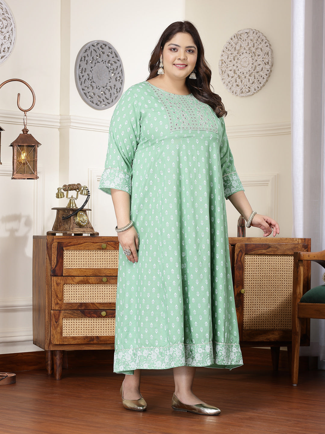 Pista-Green-Rayon-Printed-&-Embroidered-Anarkali-Kurta-Only