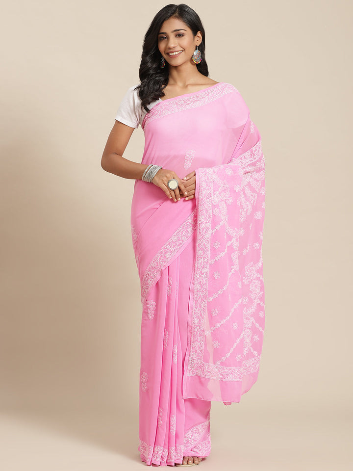 PInk-&-White-Georgette-Hand-Embroidered-Chikankari-Saree