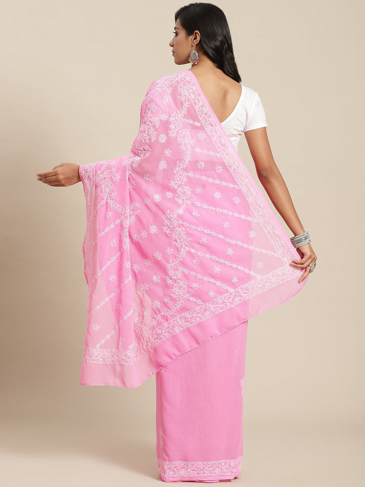 PInk-&-White-Georgette-Hand-Embroidered-Chikankari-Saree