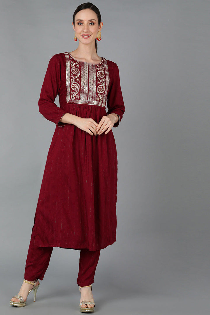 Maroon-Silk-Blend-Yoke-Design-Solid-Straight-Kurta-Set