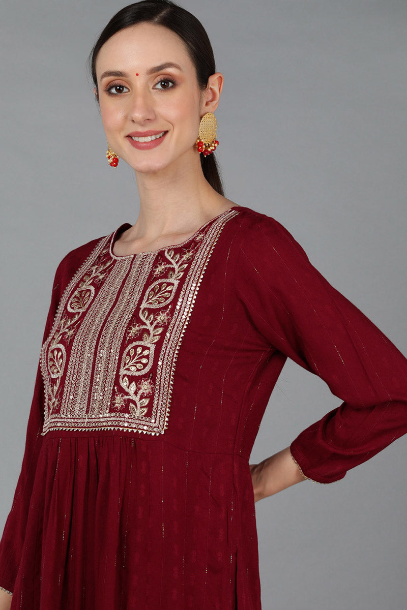 Maroon-Silk-Blend-Yoke-Design-Solid-Straight-Kurta-Set