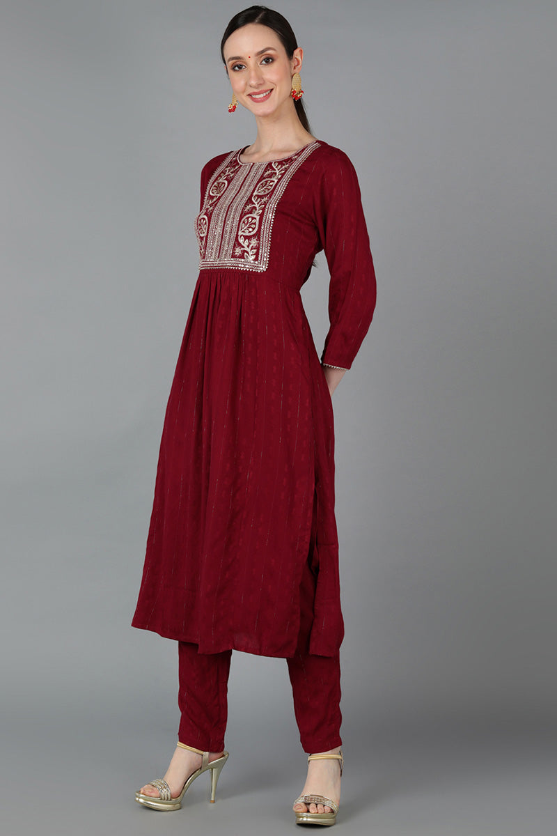 Maroon-Silk-Blend-Yoke-Design-Solid-Straight-Kurta-Set