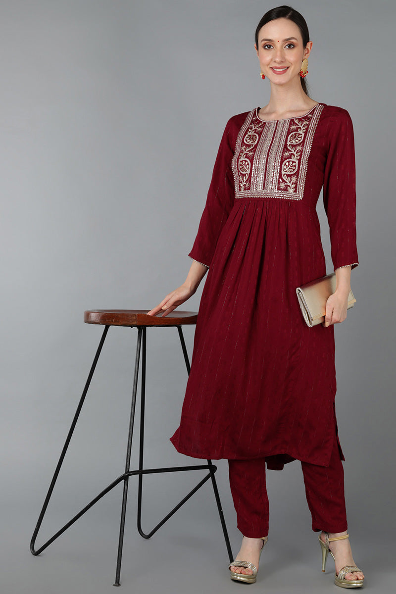 Maroon-Silk-Blend-Yoke-Design-Solid-Straight-Kurta-Set