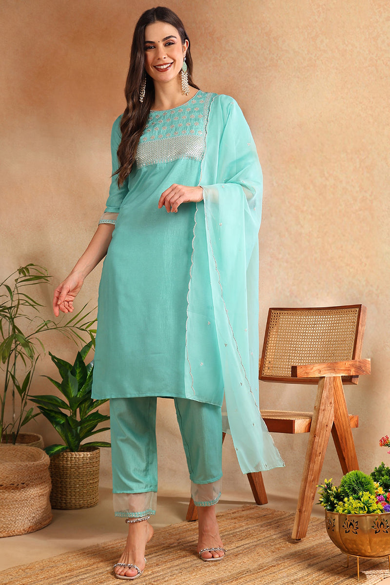 Turquoise-Blue-Poly-Silk-Solid-Yoke-Design-3-Piece-Suit-Set