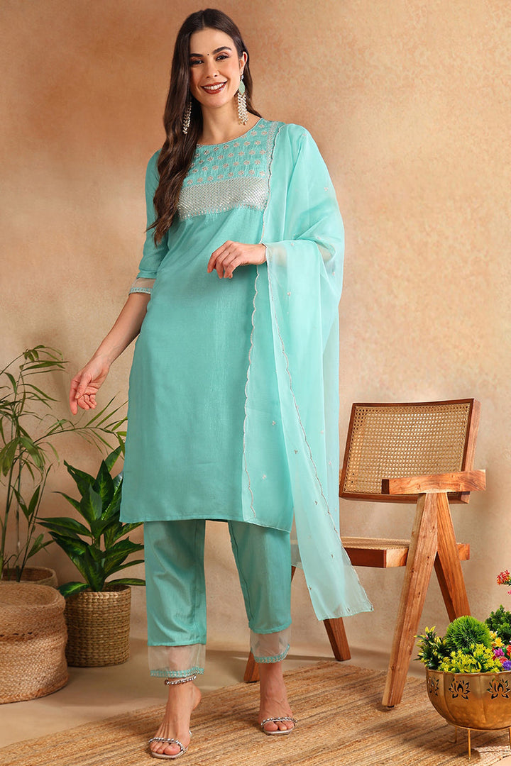 Turquoise-Blue-Poly-Silk-Solid-Yoke-Design-3-Piece-Suit-Set