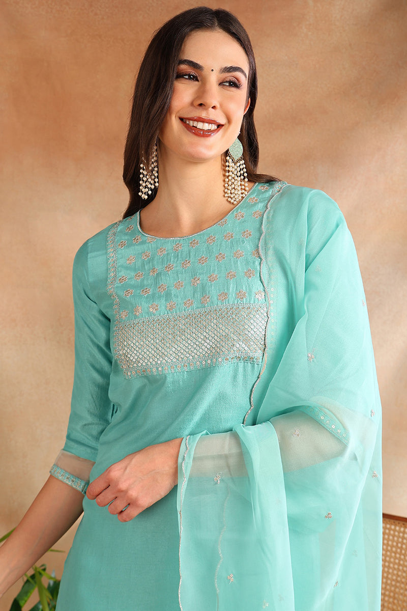 Turquoise-Blue-Poly-Silk-Solid-Yoke-Design-3-Piece-Suit-Set
