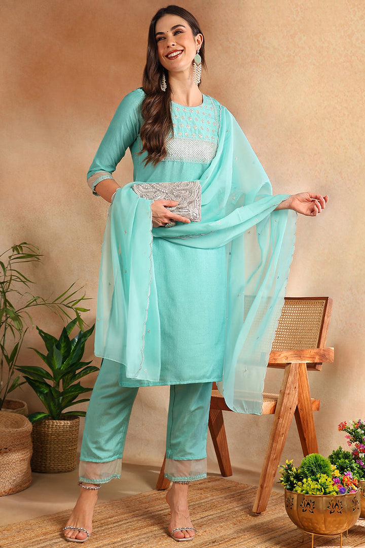 Turquoise-Blue-Poly-Silk-Solid-Yoke-Design-3-Piece-Suit-Set