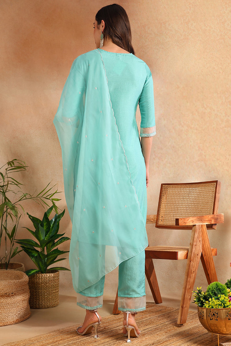 Turquoise-Blue-Poly-Silk-Solid-Yoke-Design-3-Piece-Suit-Set