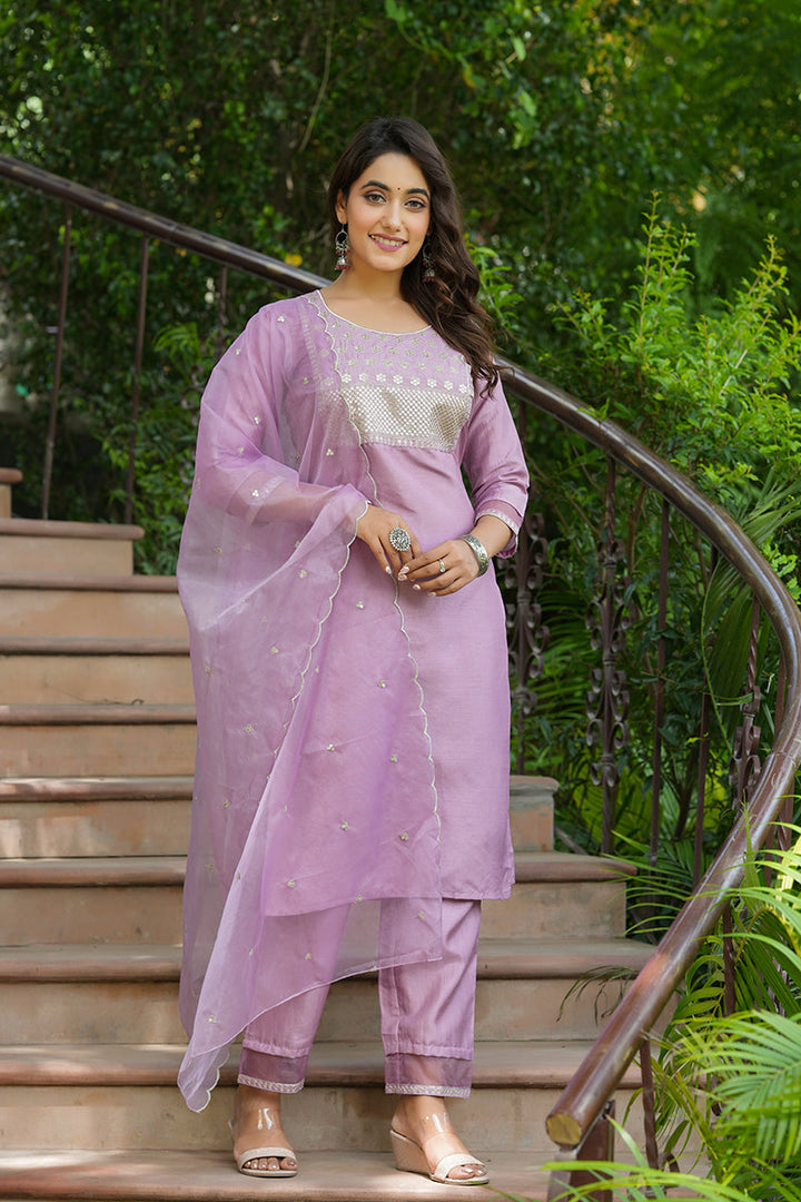 Mauve-Poly-Silk-Solid-Sequin-Straight-Suit-Set