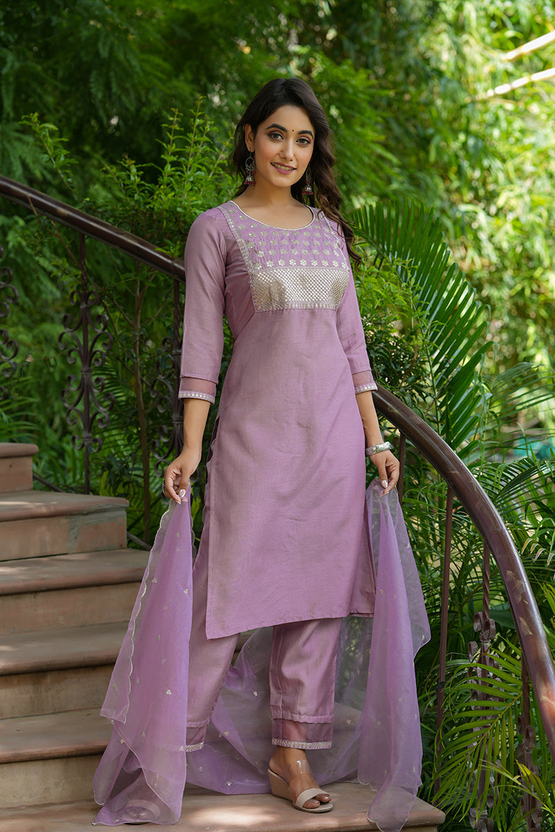 Mauve-Poly-Silk-Solid-Sequin-Straight-Suit-Set