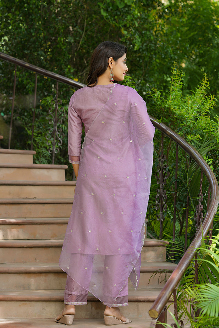 Mauve-Poly-Silk-Solid-Sequin-Straight-Suit-Set