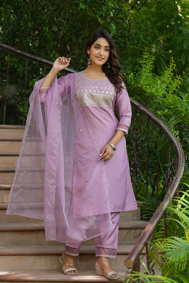 Mauve-Poly-Silk-Solid-Sequin-Straight-Suit-Set