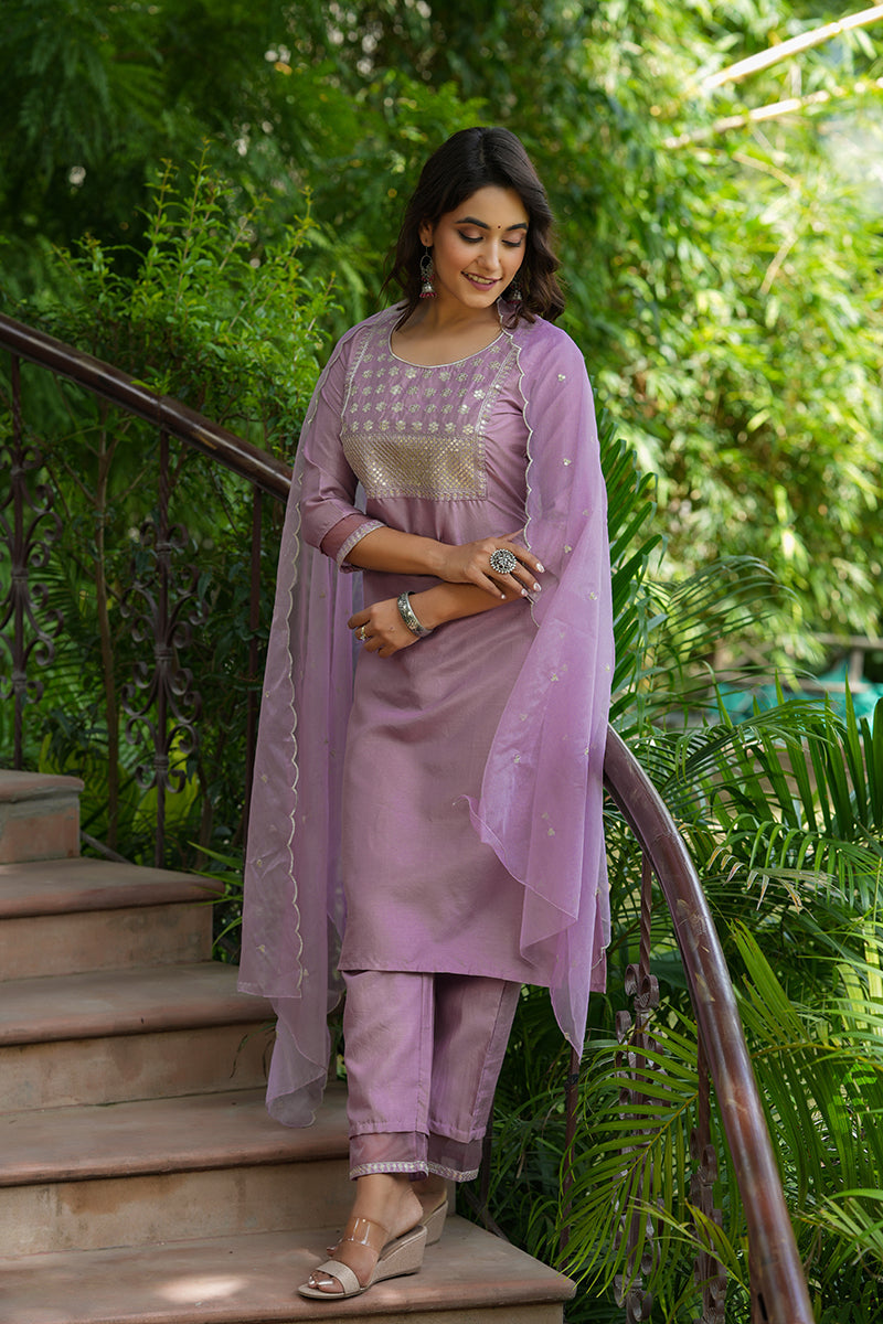 Mauve-Poly-Silk-Solid-Sequin-Straight-Suit-Set